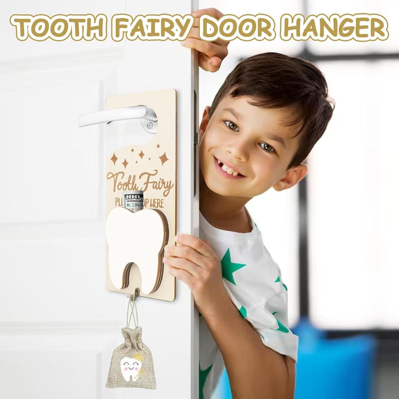 AINBIN Tooth Fairy Tooth Holder, Tooth Fairy Door Hanger with Money Slot, Keepsake Bottle & Burlap Pouch for Lost Teeth Milk Teeth, Encourage Gift for Boys Girls (Light Brown) - Image 2